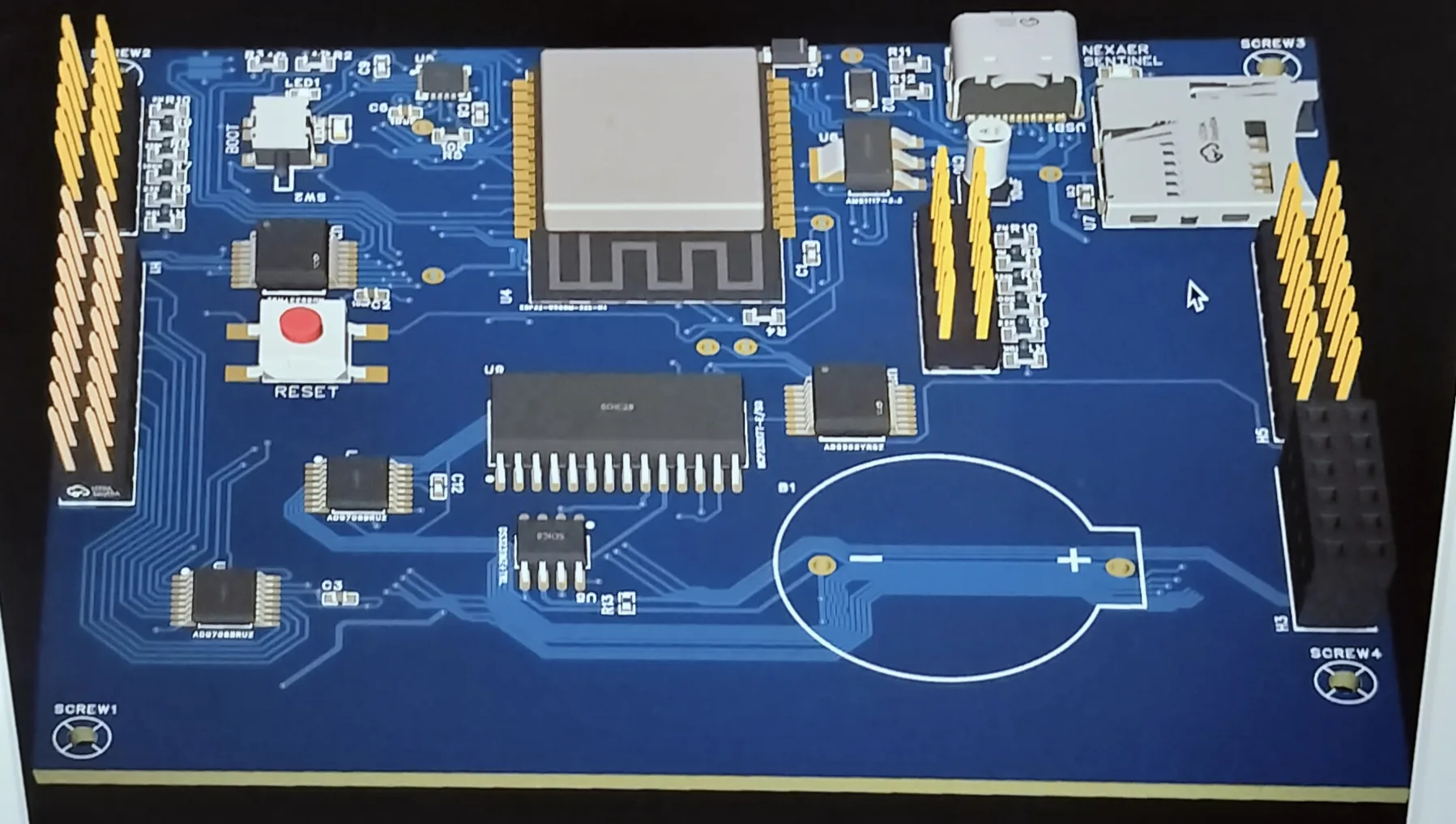 Assembled-board render used to review component placement, headers, power, and mechanical clearances before fabrication.