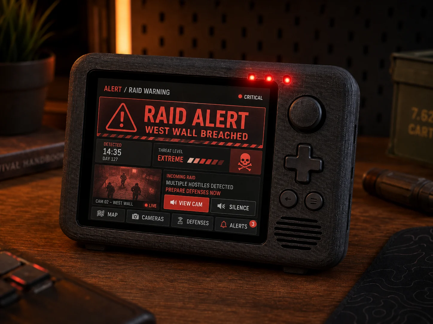 Critical raid-warning concept showing breach location, detected time, threat level, camera access, and alert actions. Concept visualization.