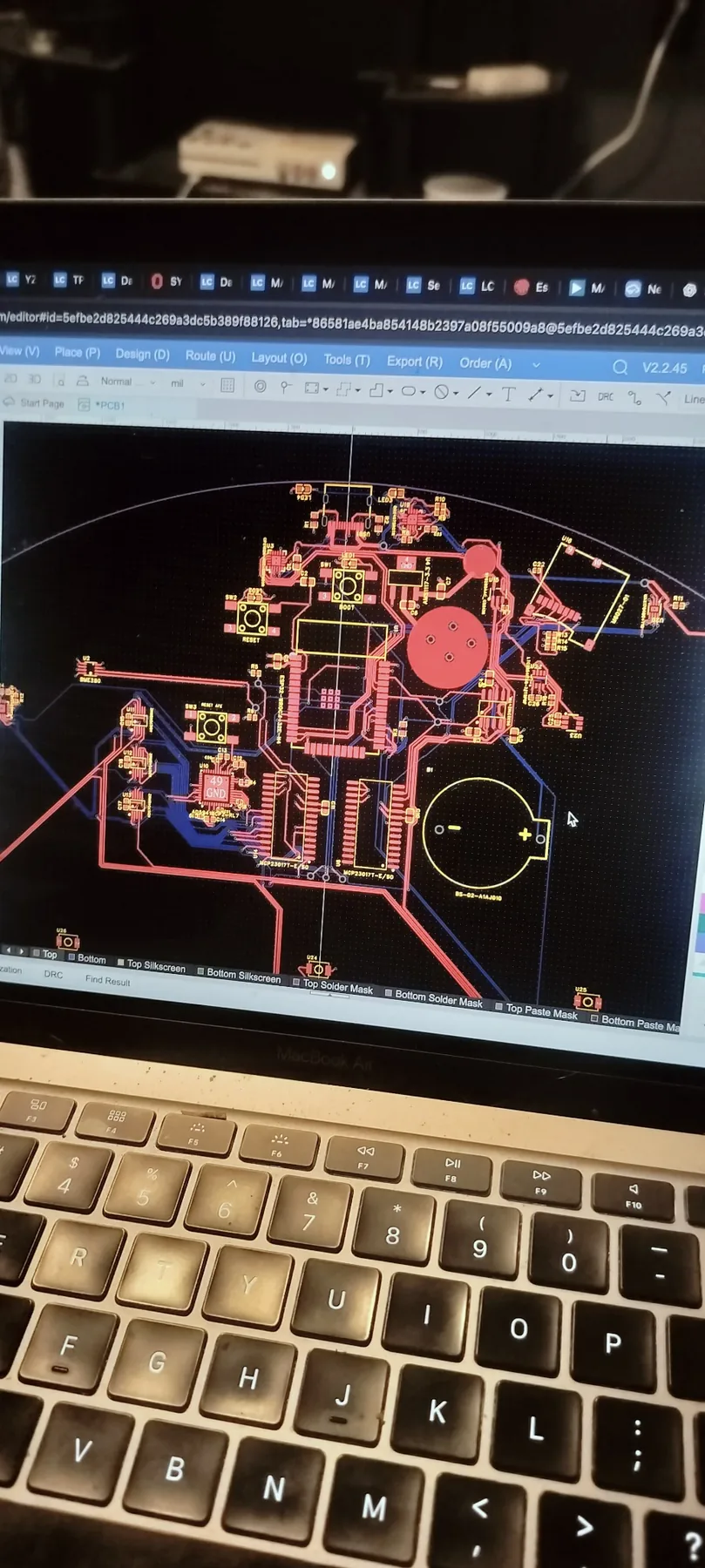 Dense research-board layout work in EasyEDA, including embedded processing, analog interfaces, storage, power, and external headers.
